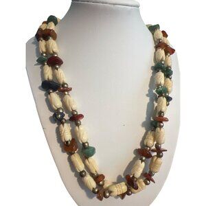 Vintage Double Strand Necklace Carved Beads Chips Tribal Boho Vacation 24"